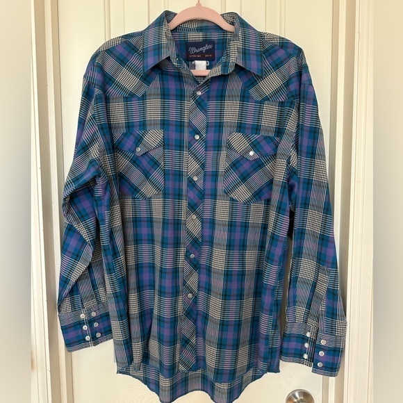 Vtg Western Shirt Wrangler 16.5x34 Cowboy Cut Pearl Snap Blue Plaid XLong Tails - Picture 2 of 9